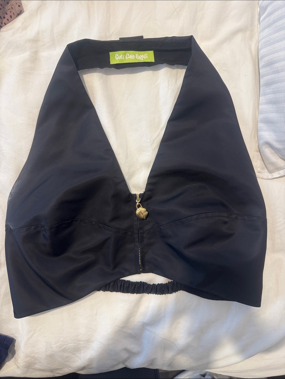 cult gaia Black Halter Crop Top with Gold Heart Charm